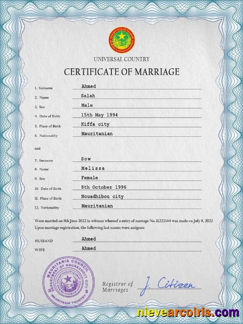 Premium Mauritania Marriage Certificate PSD Template