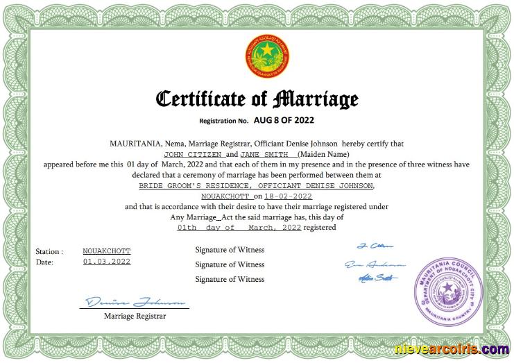 Premium Mauritania Marriage Certificate Word And PDF Template