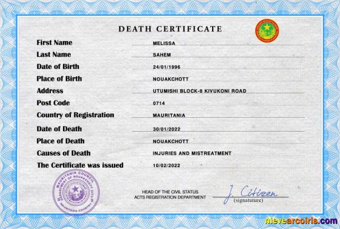 Professional Mauritania Vital Record Death Certificate PSD Template