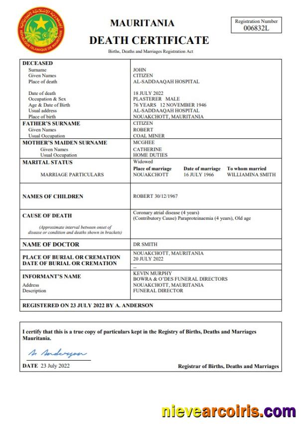 Editable Mauritania Vital Record Death Certificate Word And PDF Template