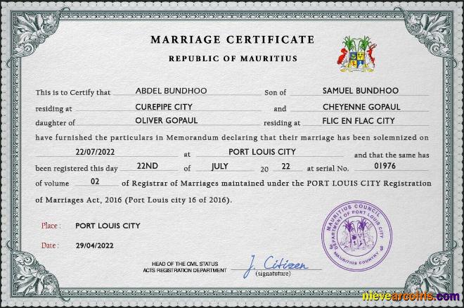Realistic Mauritius Marriage Certificate PSD Template