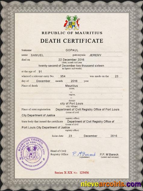 Editable Mauritius Vital Record Death Certificate PSD Template