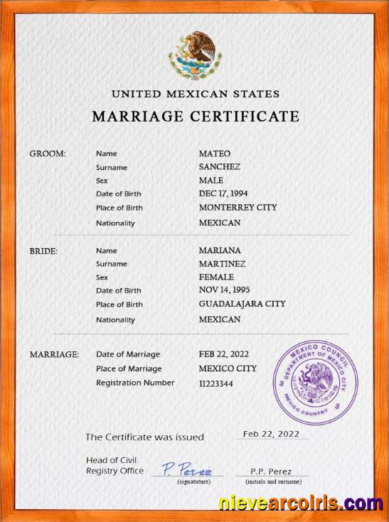 Premium Mexico Marriage Certificate PSD Template, Fully Editable