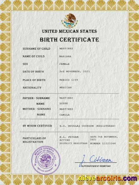 Realistic Mexico Vital Record Birth Certificate PSD Template