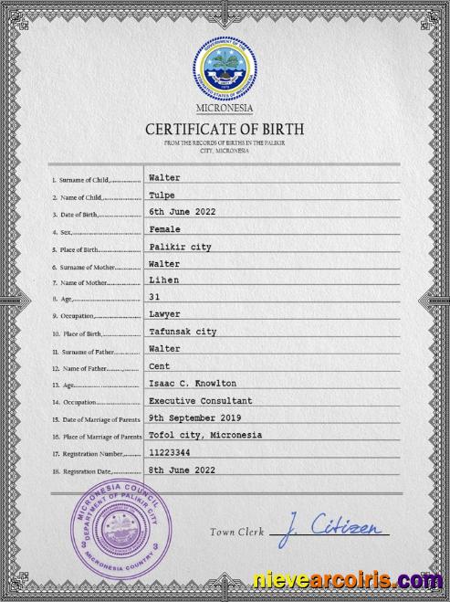 Realistic Micronesia Birth Certificate PSD Template