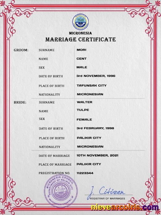 Editable Micronesia Marriage Certificate PSD Template