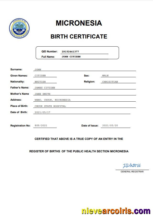 Premium Micronesia Vital Record Birth Certificate Word And PDF Template