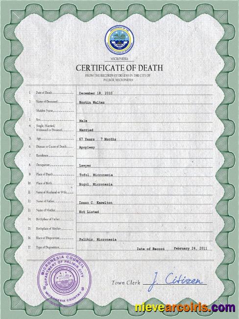 Editable Micronesia Vital Record Death Certificate PSD Template