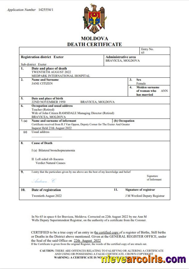 Professional Moldova Death Certificate Word And PDF Template