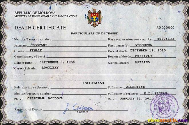 Professional Moldova Vital Record Death Certificate PSD Template