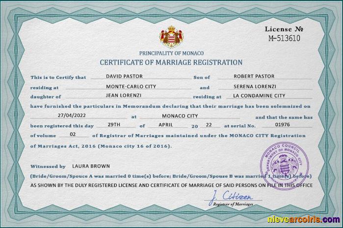 Editable Monaco Marriage Certificate PSD Template