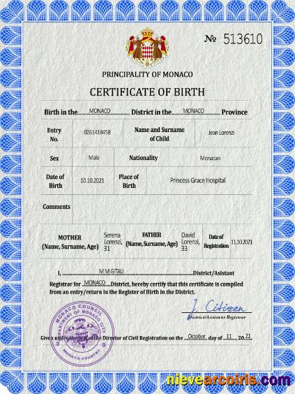 Professional Monaco Vital Record Birth Certificate PSD Template