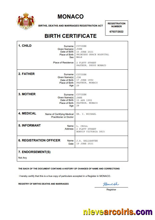 Professional Monaco Vital Record Birth Certificate Word And PDF Template