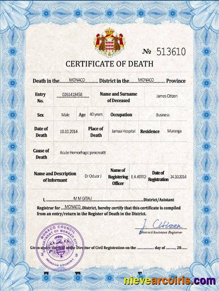Editable Monaco Vital Record Death Certificate PSD Template