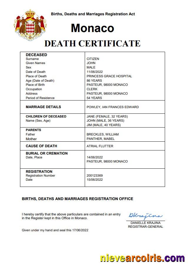 Editable Monaco Vital Record Death Certificate Word And PDF Template