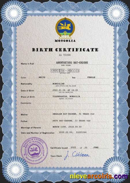 Editable Mongolia Birth Certificate PSD Template