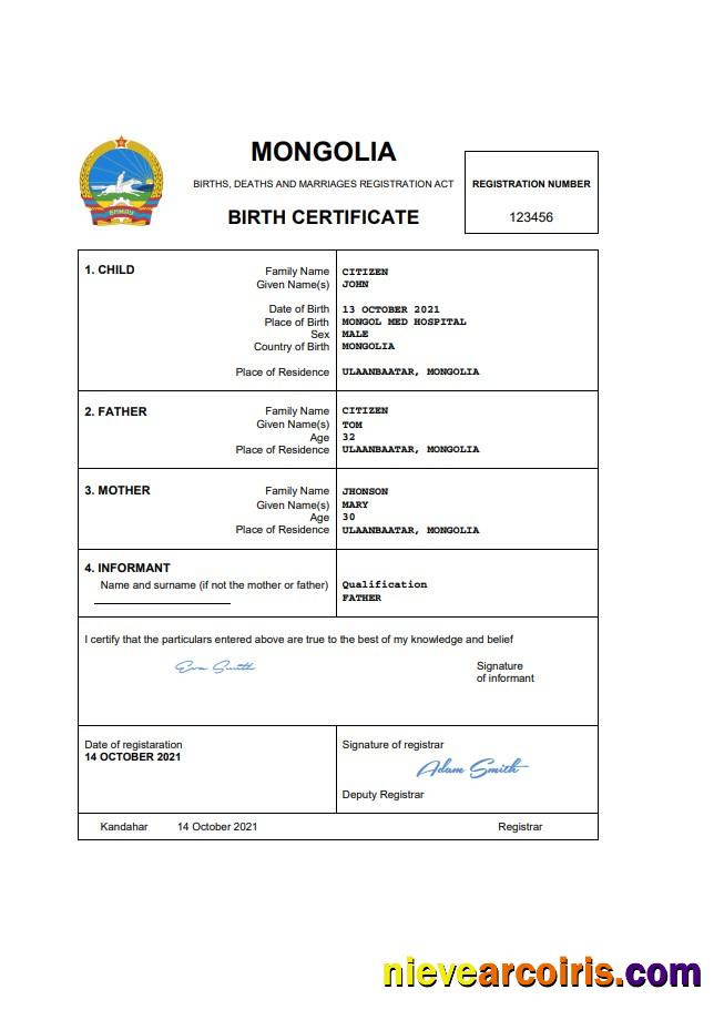 Professional Mongolia Birth Certificate Word And PDF Template