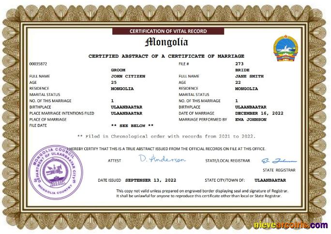 Realistic Mongolia Marriage Certificate Word And PDF Template