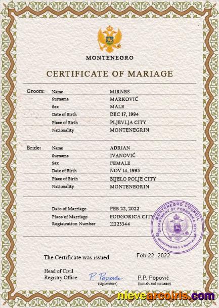 Professional Montenegro Marriage Certificate PSD Template