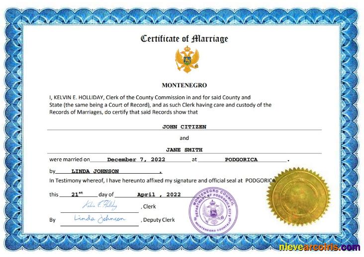 Realistic Montenegro Marriage Certificate Word And PDF Template
