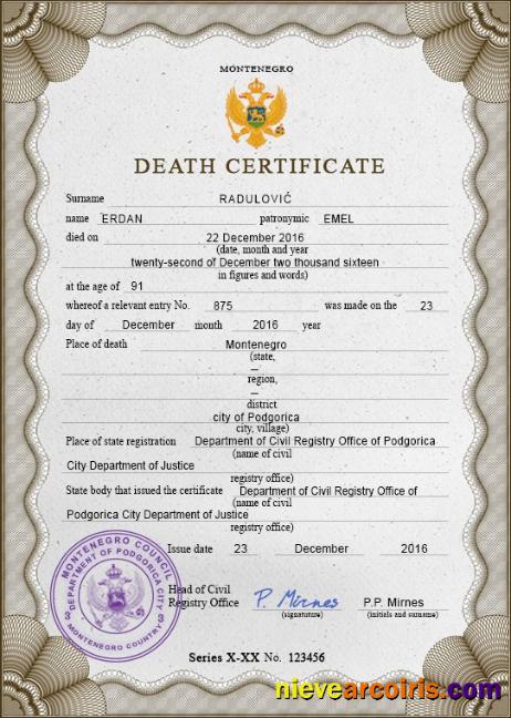 Professional Montenegro Vital Record Death Certificate PSD Template