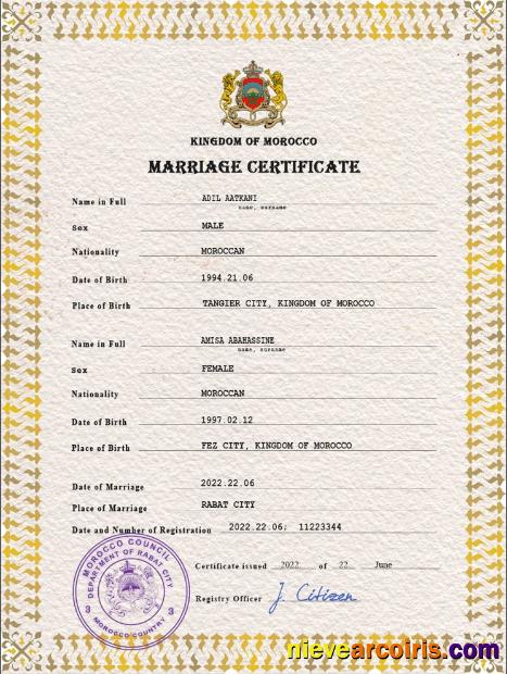 Professional Morocco Marriage Certificate PSD Template