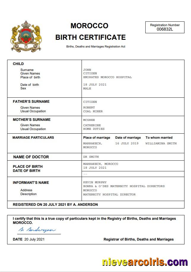 Premium Morocco Vital Record Birth Certificate Word And PDF Template
