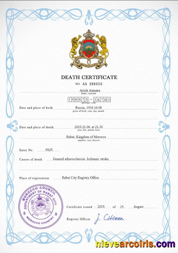 Premium Morocco Vital Record Death Certificate PSD Template