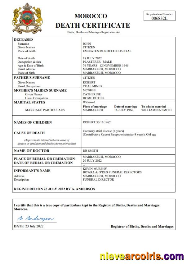 Premium Morocco Vital Record Death Certificate Word And PDF Template