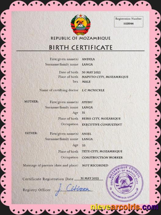 Editable Mozambique Birth Certificate PSD Template