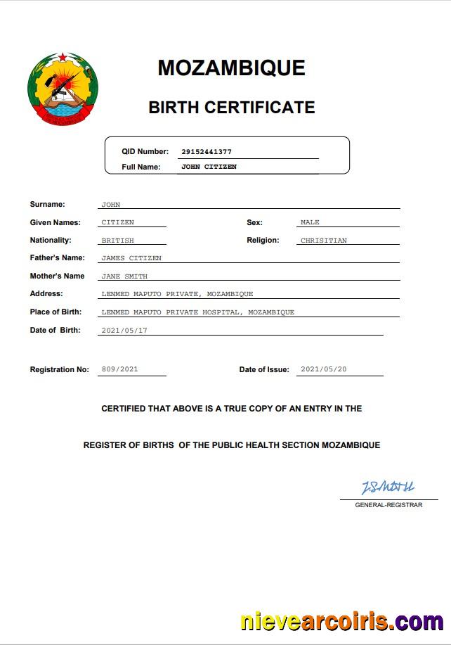Premium Mozambique Birth Certificate Word And PDF Template