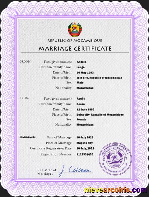 Realistic Mozambique Marriage Certificate PSD Template