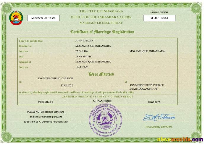 Realistic Mozambique Marriage Certificate Word And PDF Template