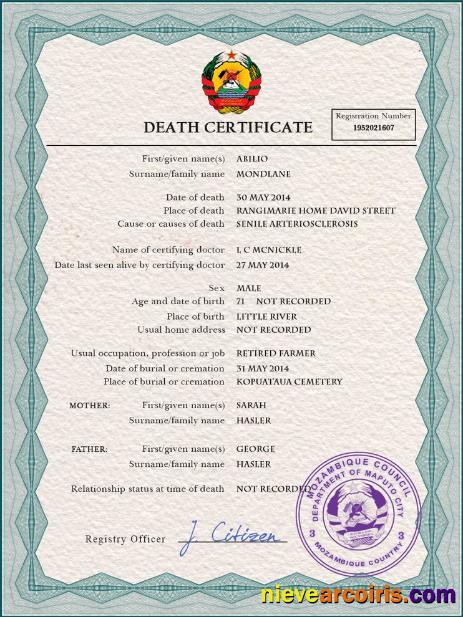 Realistic Mozambique Vital Record Death Certificate PSD Template