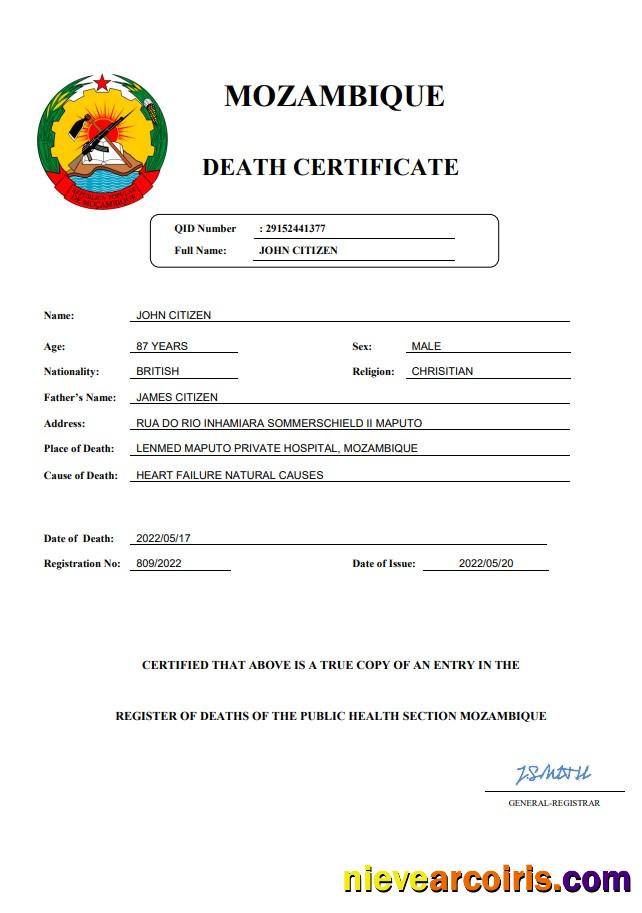Realistic Mozambique Vital Record Death Certificate Word And PDF Template