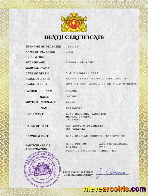 Editable Myanmar Death Certificate PSD Template