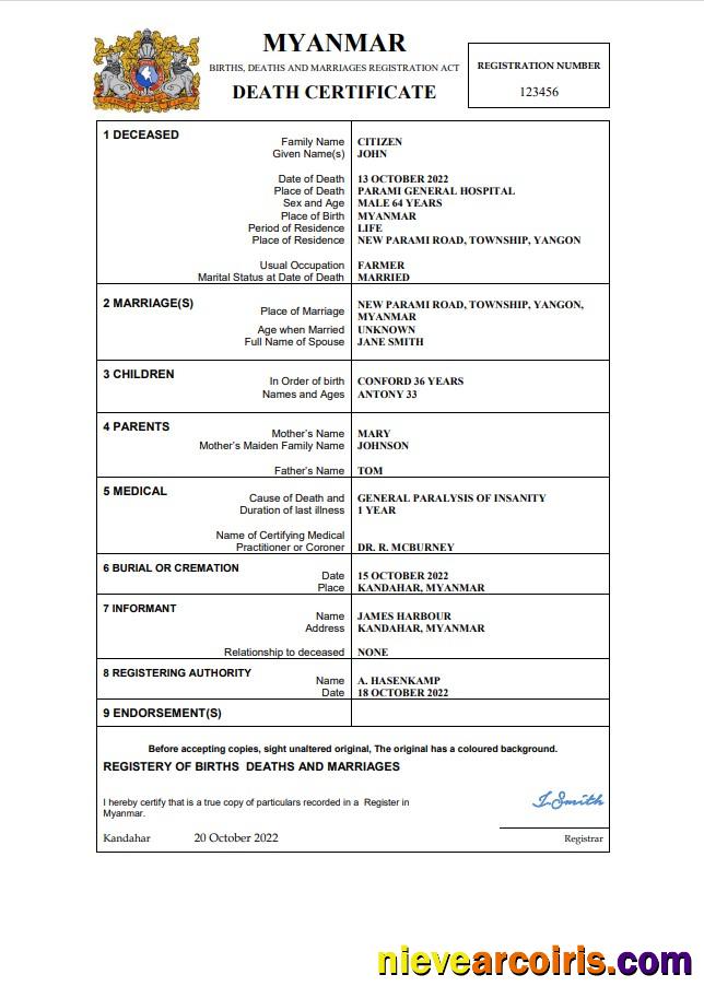 Realistic Myanmar Death Certificate Word And PDF Template