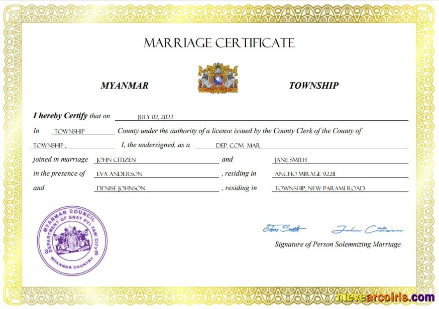 Premium Myanmar Marriage Certificate Word And PDF Template
