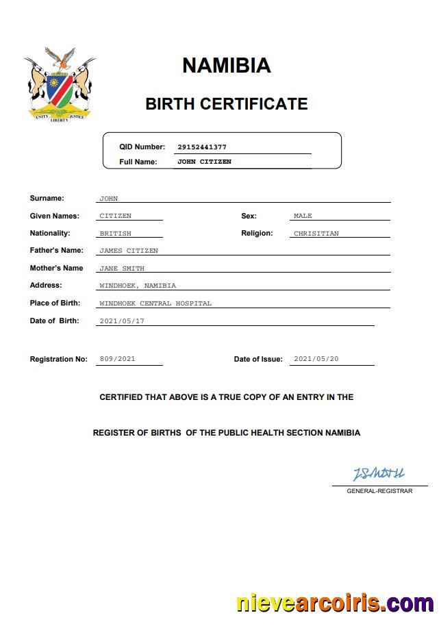 Realistic Namibia Birth Certificate Word And PDF Template