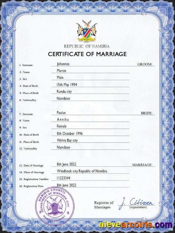 Premium Namibia Marriage Certificate PSD Template
