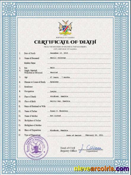 Editable Namibia Vital Record Death Certificate PSD Template