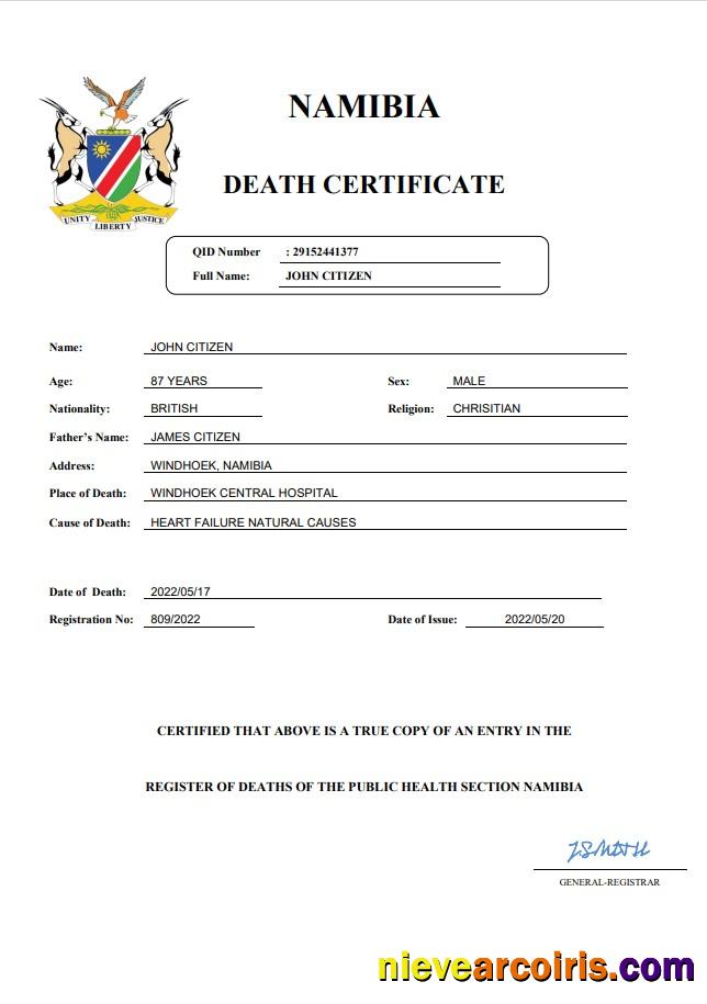Editable Namibia Vital Record Death Certificate Word And PDF Template