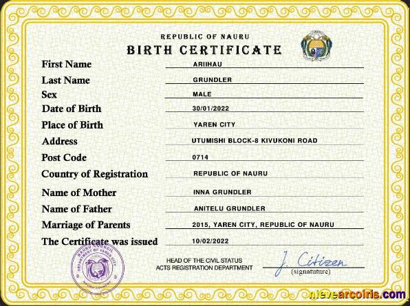 Professional Nauru Birth Certificate PSD Template