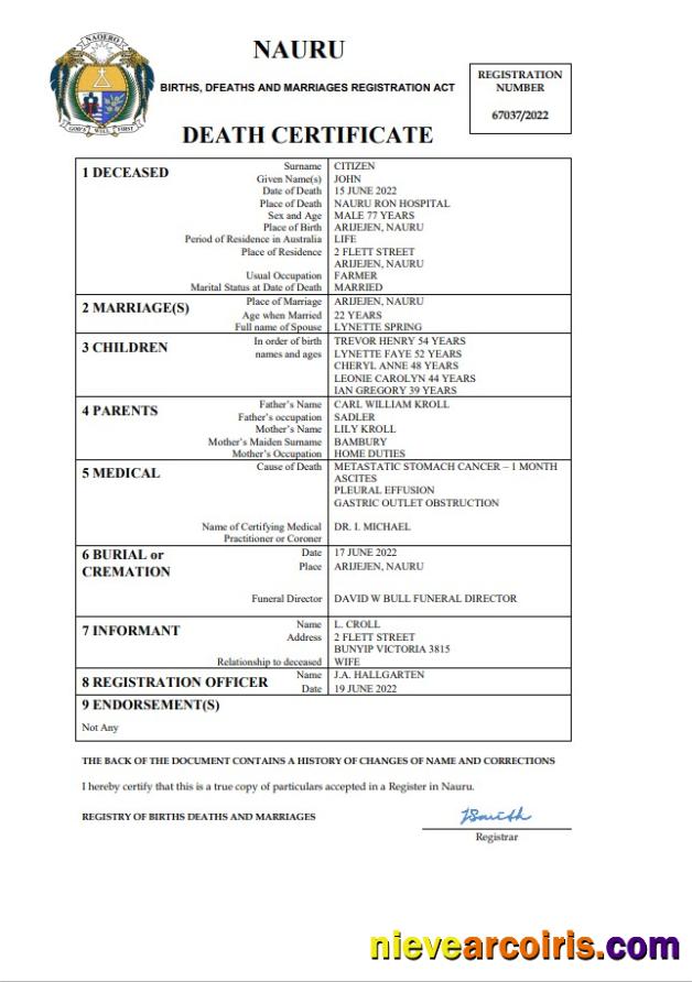 Professional Nauru Death Certificate Word And PDF Template