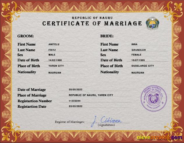 Realistic Nauru Marriage Certificate PSD Template