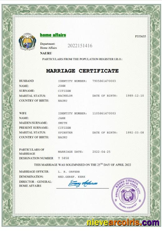 Editable Nauru Marriage Certificate Word And PDF Template