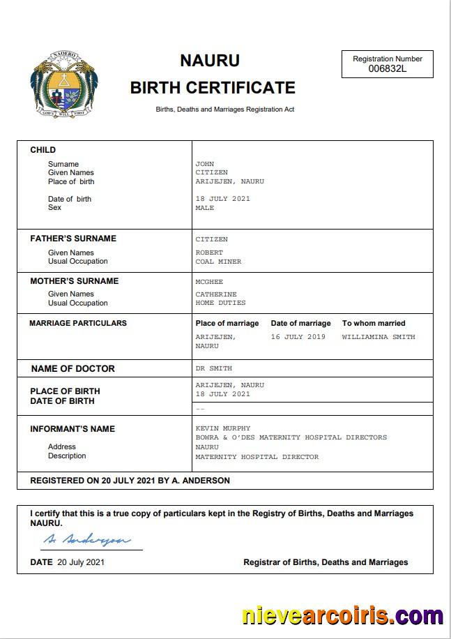Editable Nauru Vital Record Birth Certificate Word And PDF Template