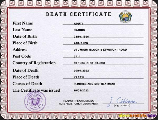 Professional Nauru Vital Record Death Certificate PSD Template