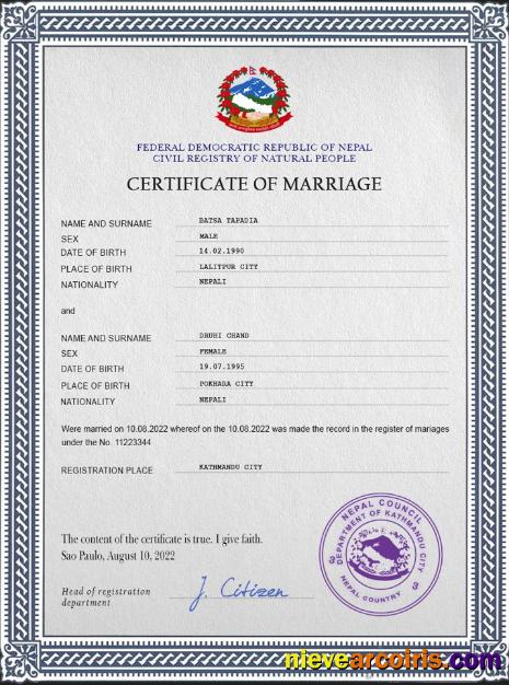 Realistic Nepal Marriage Certificate PSD Template