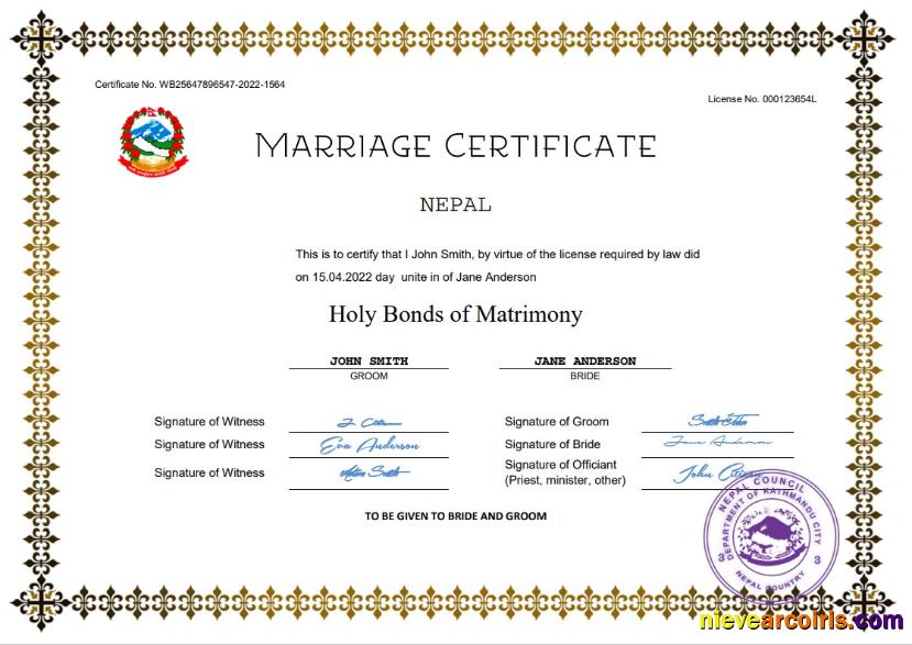 Professional Nepal Marriage Certificate Word And PDF Template